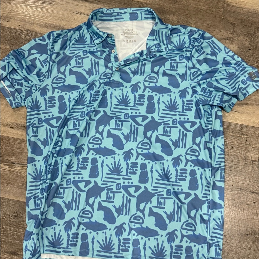 Huk Men's Aqua and Navy Patterned Polo